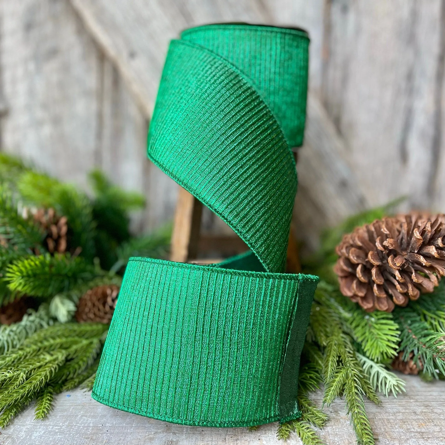 4" Emerald Green Pleated Metallic Ribbon, Farrisilk Ribbon,Wired Ribbon