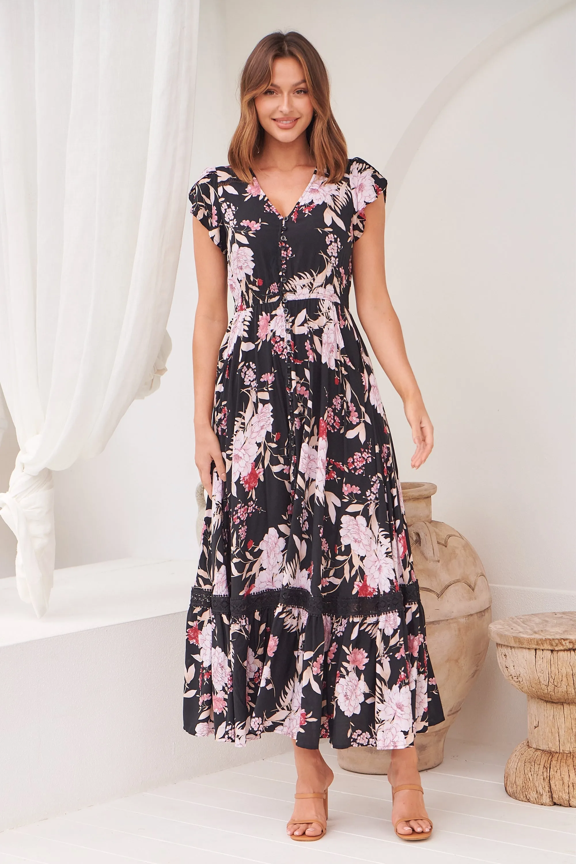 Augustina Black/Wine/Beige Floral Button Front Maxi Dress