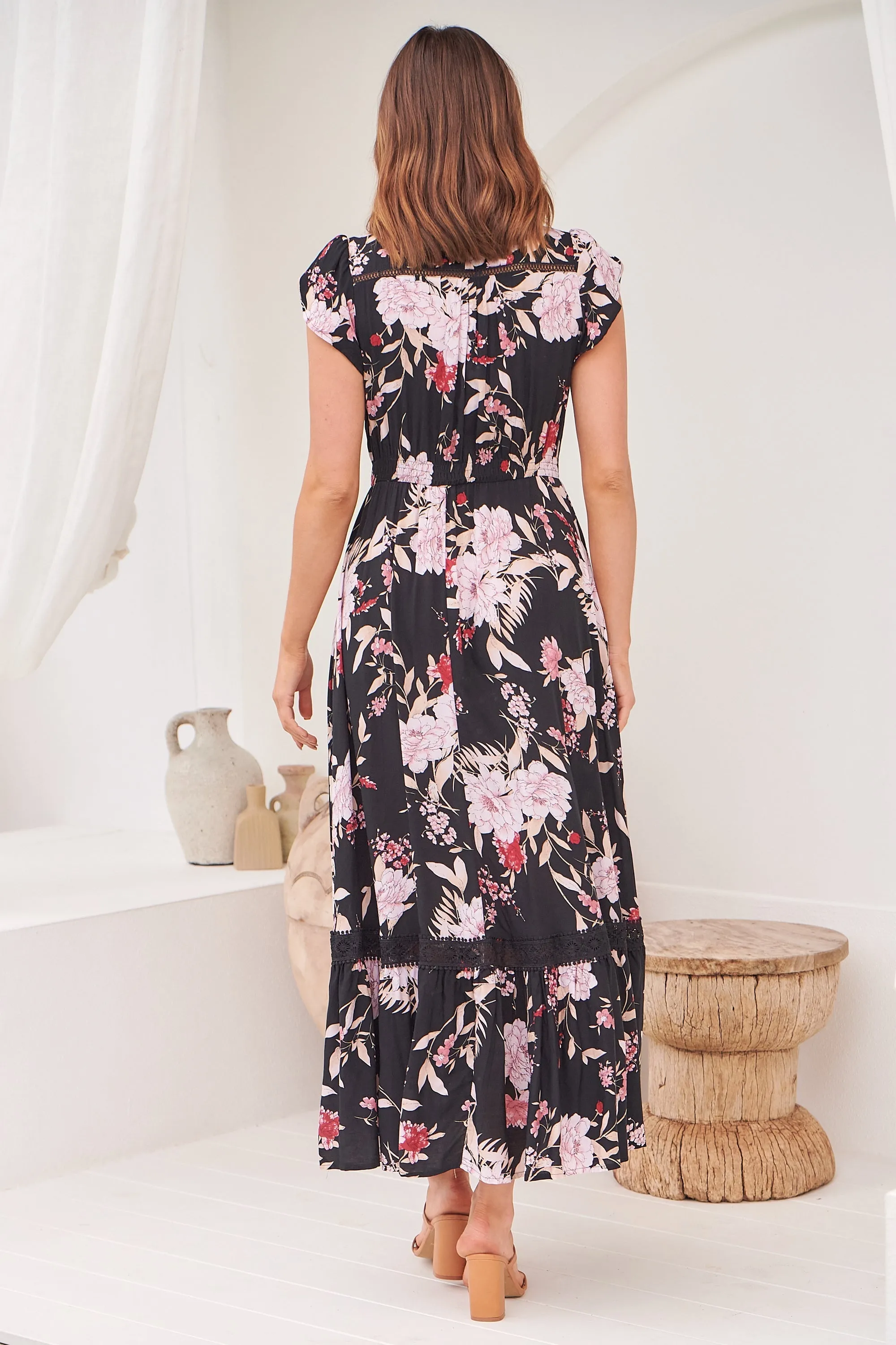 Augustina Black/Wine/Beige Floral Button Front Maxi Dress