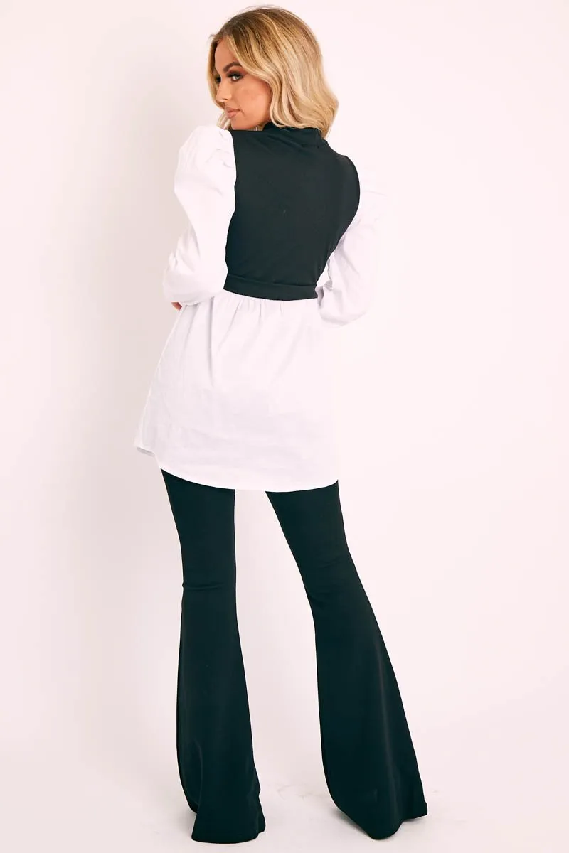 Black Overlay Detail Puff Sleeve White Shirt Dress - Olah