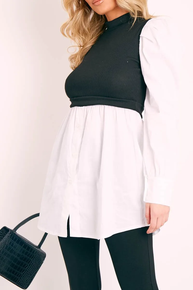 Black Overlay Detail Puff Sleeve White Shirt Dress - Olah