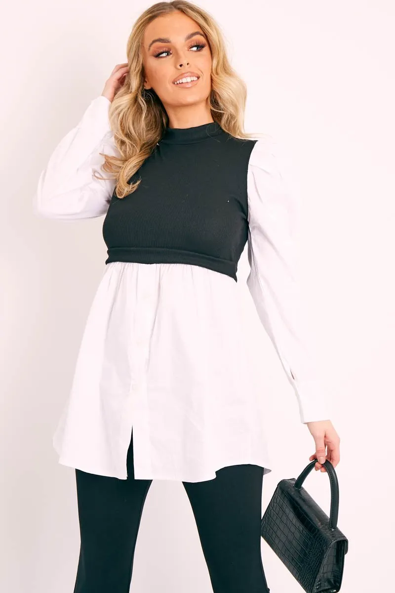 Black Overlay Detail Puff Sleeve White Shirt Dress - Olah