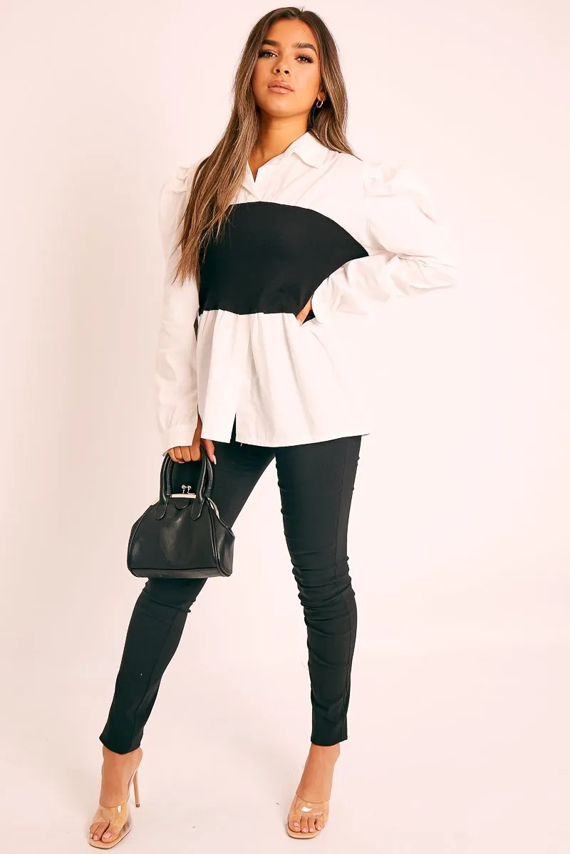 Black Ribbed Panel Puff Sleeve Shirt - Fionna