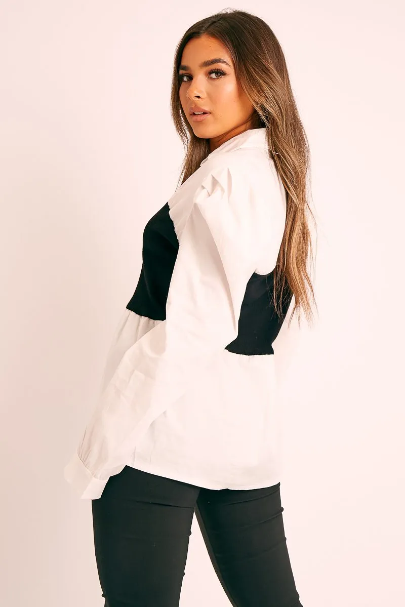 Black Ribbed Panel Puff Sleeve Shirt - Fionna