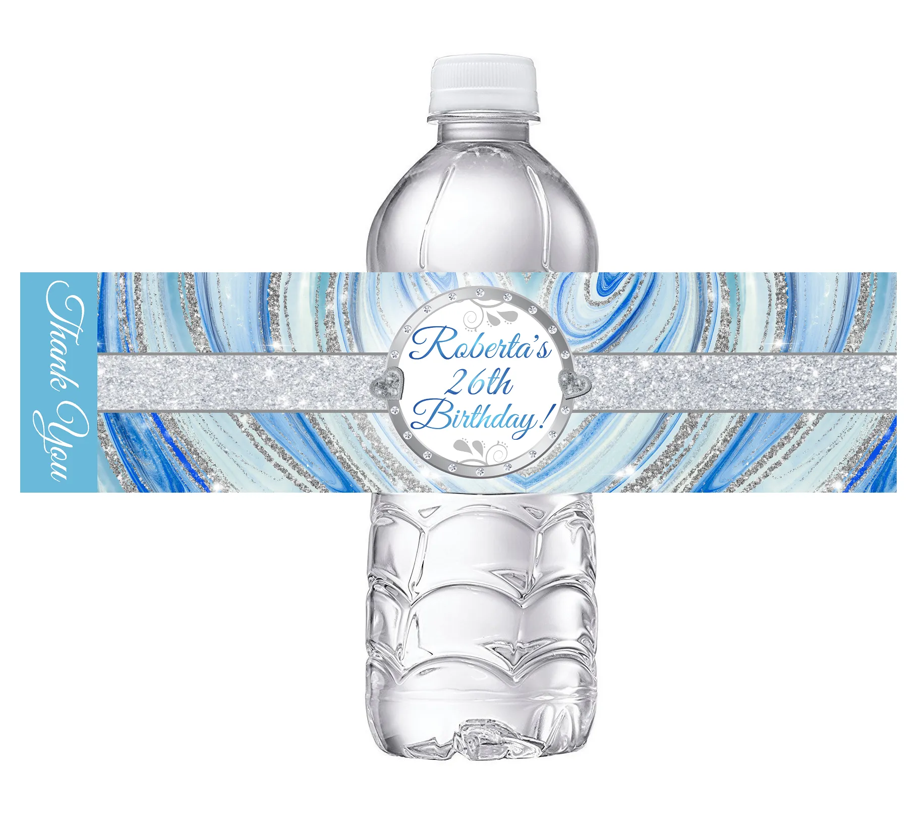 Blue Silver Glitter and White Marble Party Favors Birthday Water Bottle Labels Wrappers Supplies Personalized ideas decor Unique