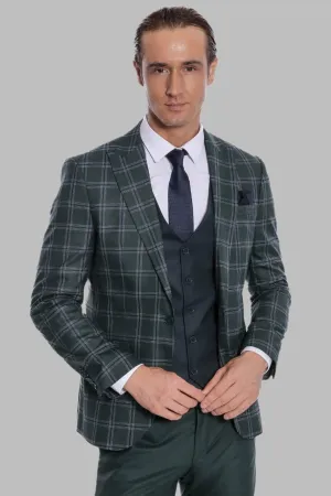 Checked Patterned Slim Fit Green Men Suit - Wessi