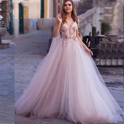 deanwangkt Boho Wedding Dress 3D Flowers Light Purple Beach Bride Dresses Backless Puff Tulle Wedding Gowns Long Train Floor Length