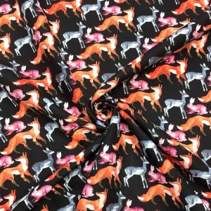 Deers, Foxes and Rabbits on Black Cotton-Touch Polyester Fabric