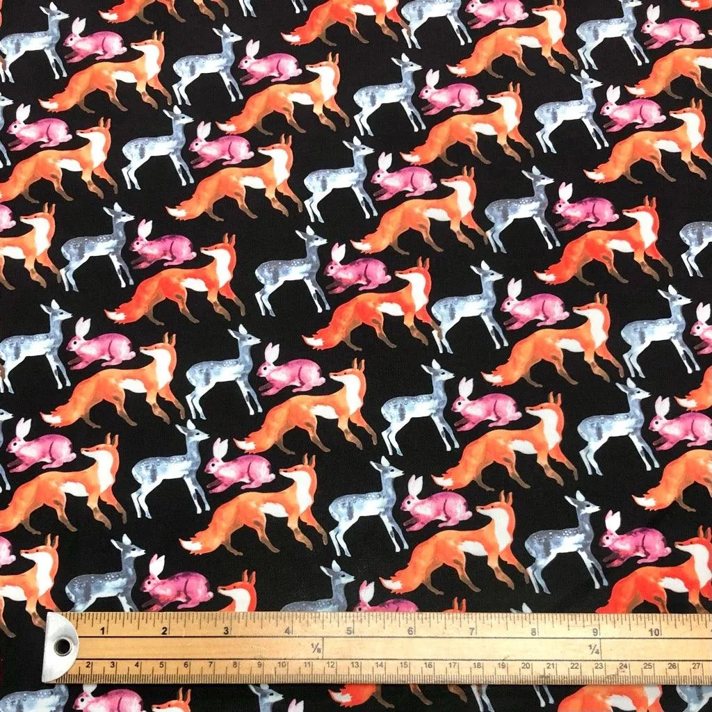 Deers, Foxes and Rabbits on Black Cotton-Touch Polyester Fabric