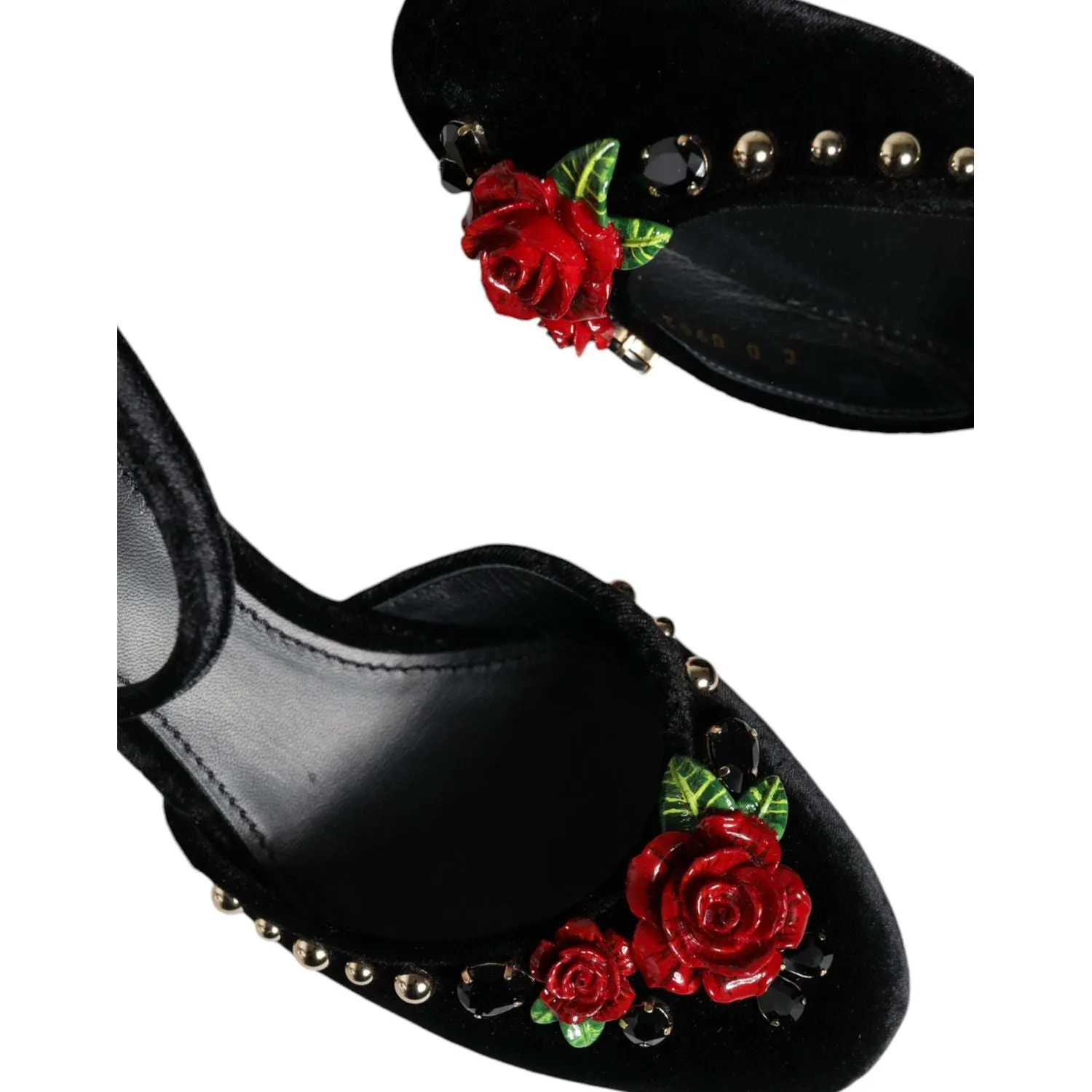 Dolce & Gabbana Black Velvet Roses Ankle Strap Pumps Shoes