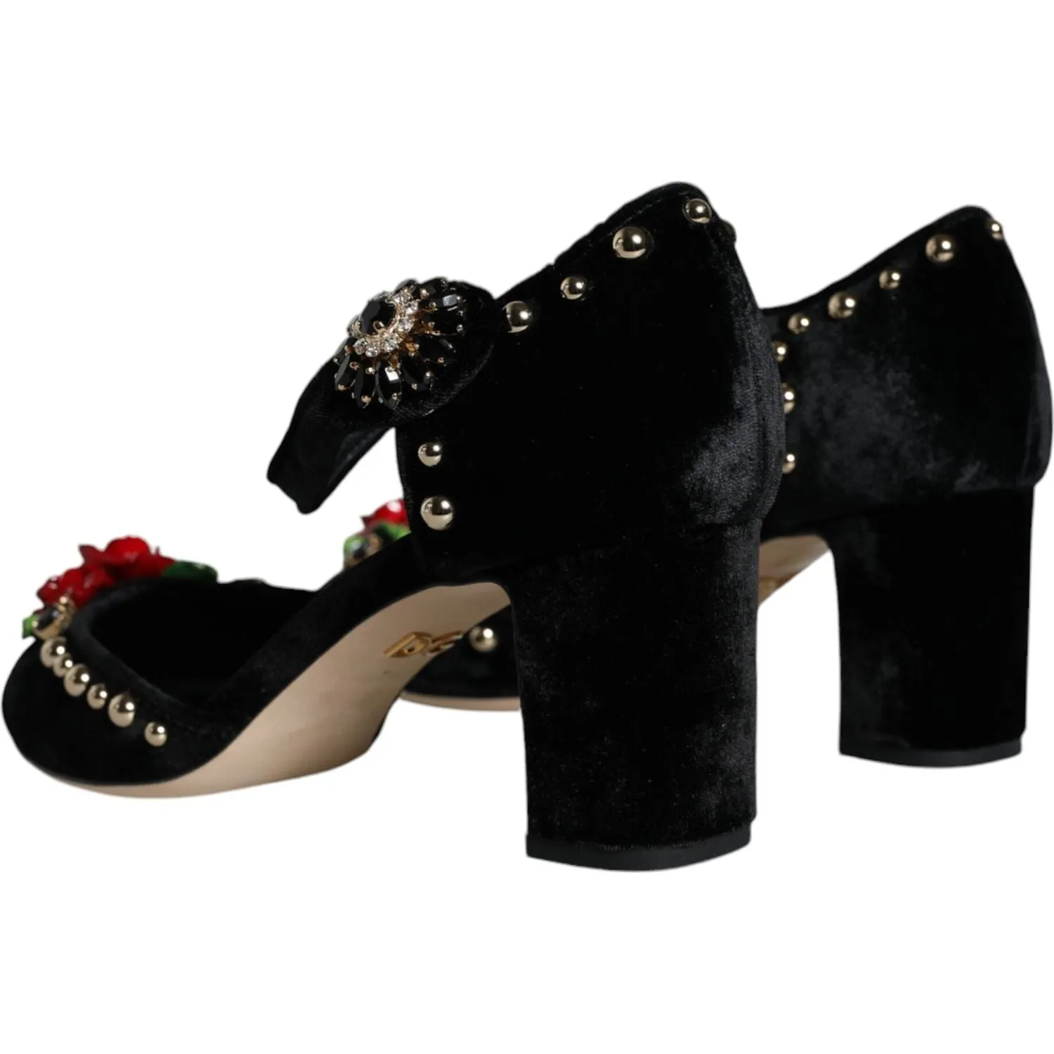 Dolce & Gabbana Black Velvet Roses Ankle Strap Pumps Shoes