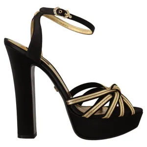 Dolce & Gabbana Elegant Black Gold Ankle Strap Heels Sandals