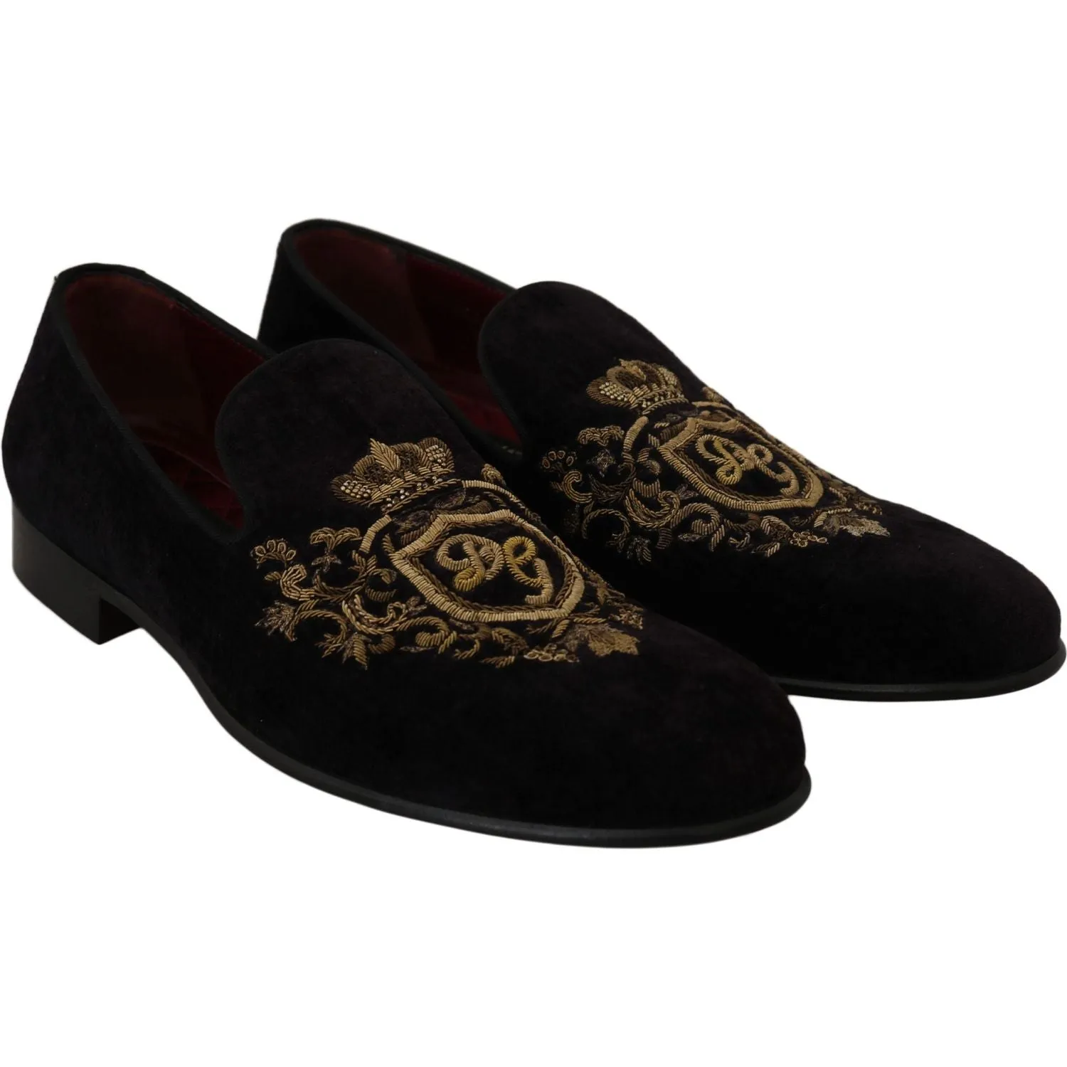 Dolce & Gabbana Elegant Black Loafers with Gold Crown Embroidery