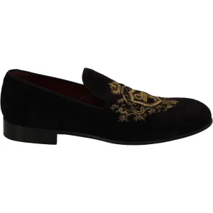 Dolce & Gabbana Elegant Black Loafers with Gold Crown Embroidery