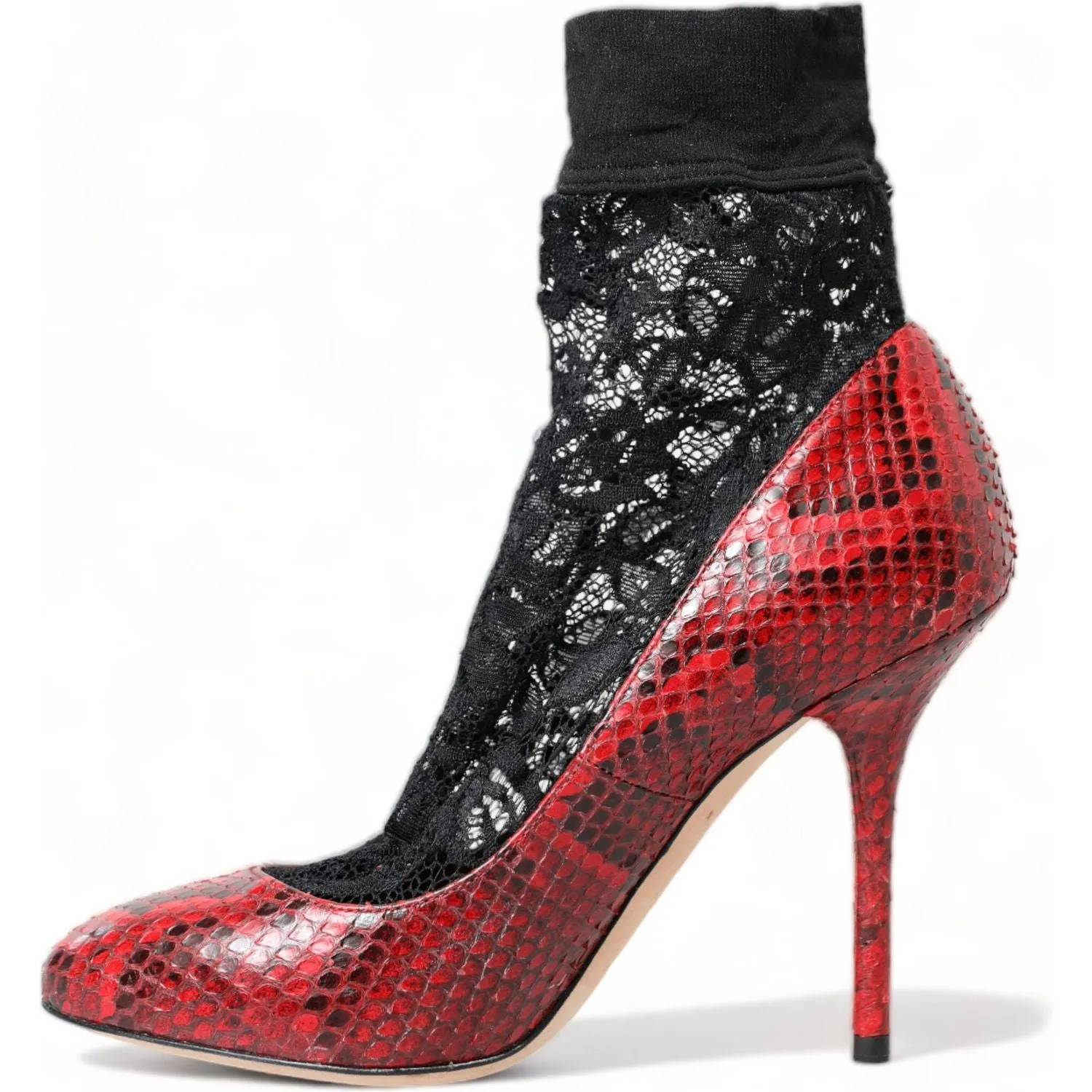 Dolce & Gabbana Red Almond Toe Snakeskin Pumps with Lace Socks