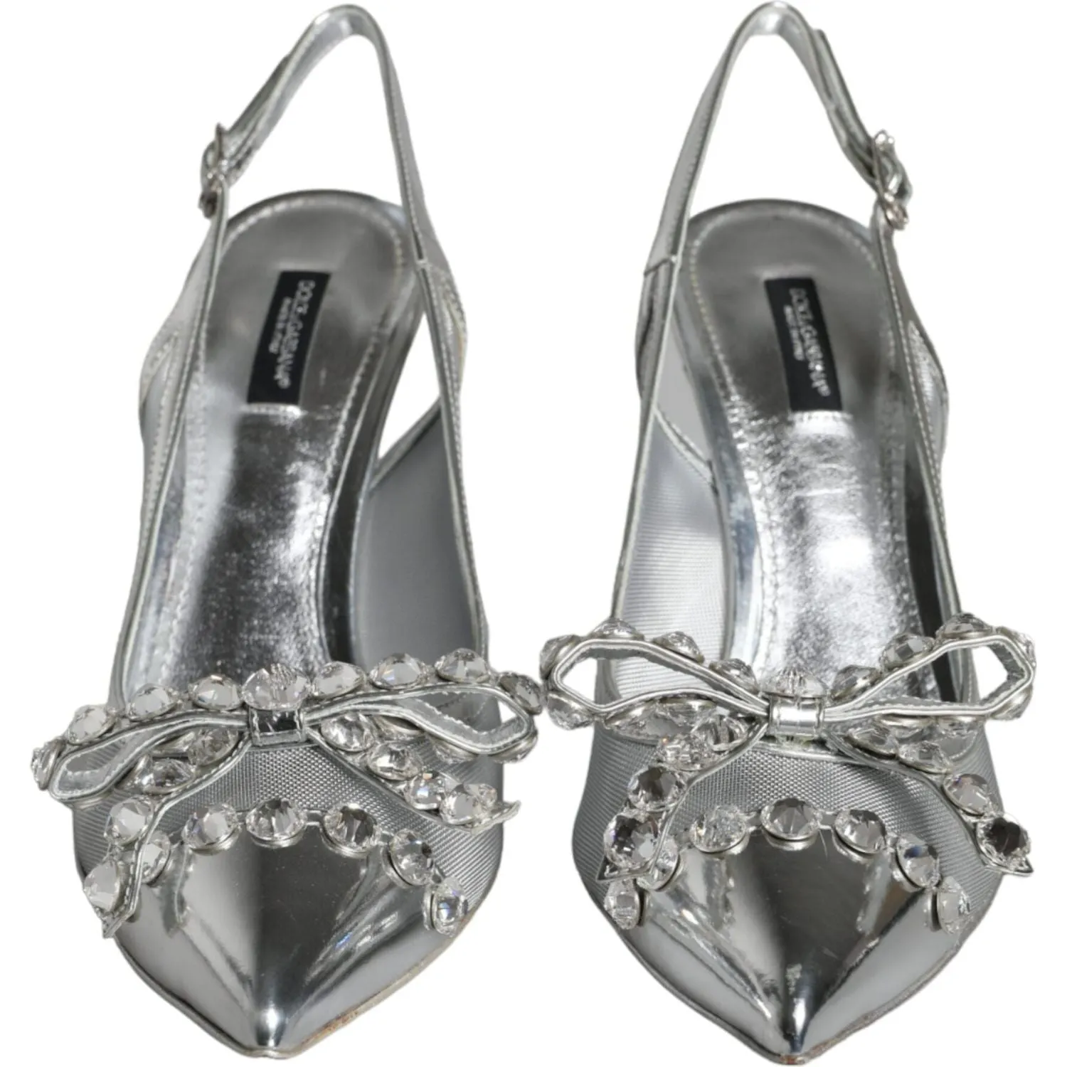 Dolce & Gabbana Silver Mesh Crystal Embellished Slingback Shoes