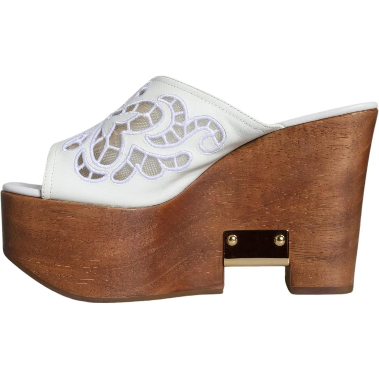 Dolce & Gabbana White Leather Wood Mules Wedge Slides Shoes