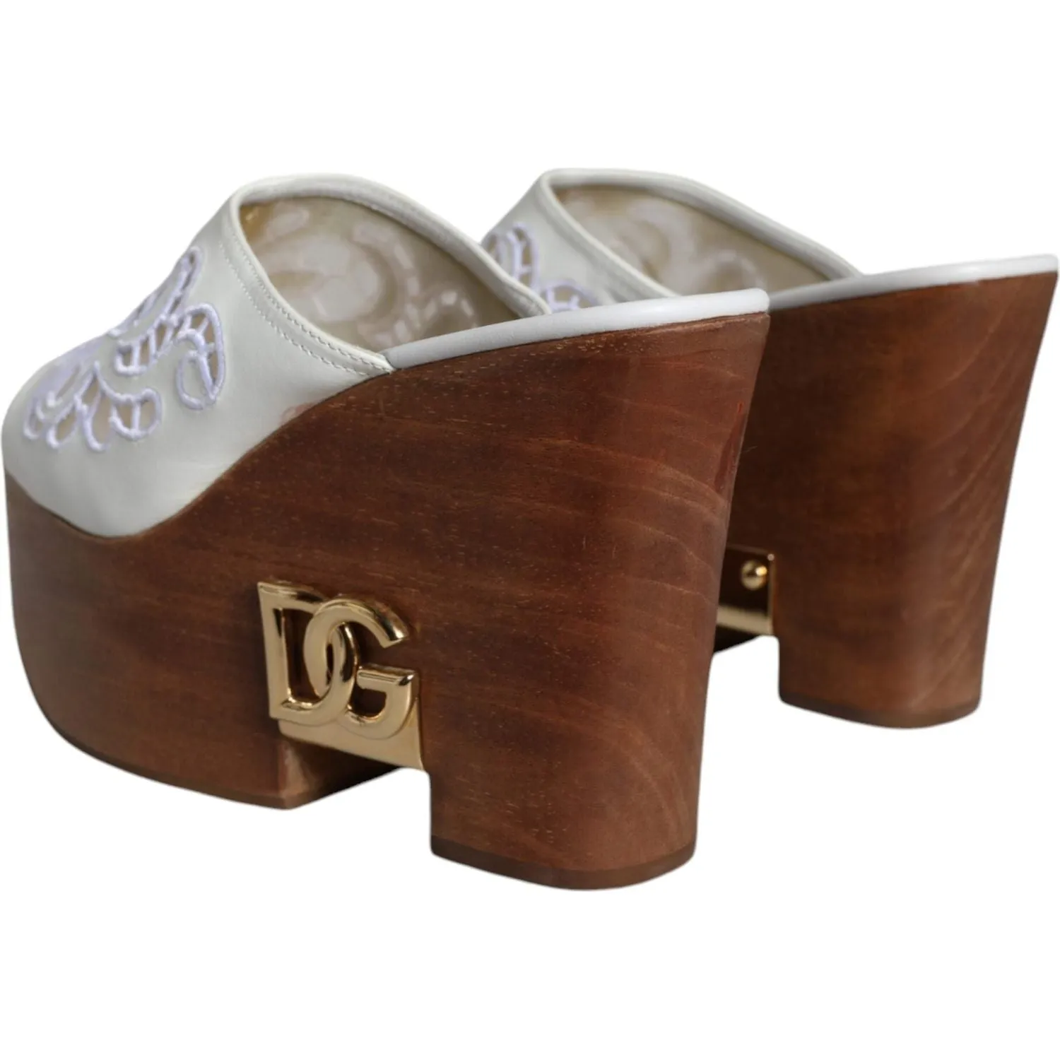 Dolce & Gabbana White Leather Wood Mules Wedge Slides Shoes