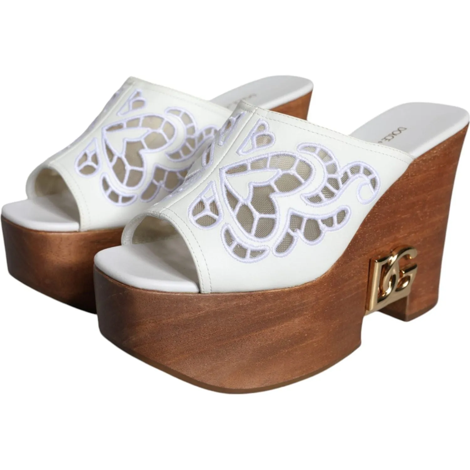 Dolce & Gabbana White Leather Wood Mules Wedge Slides Shoes