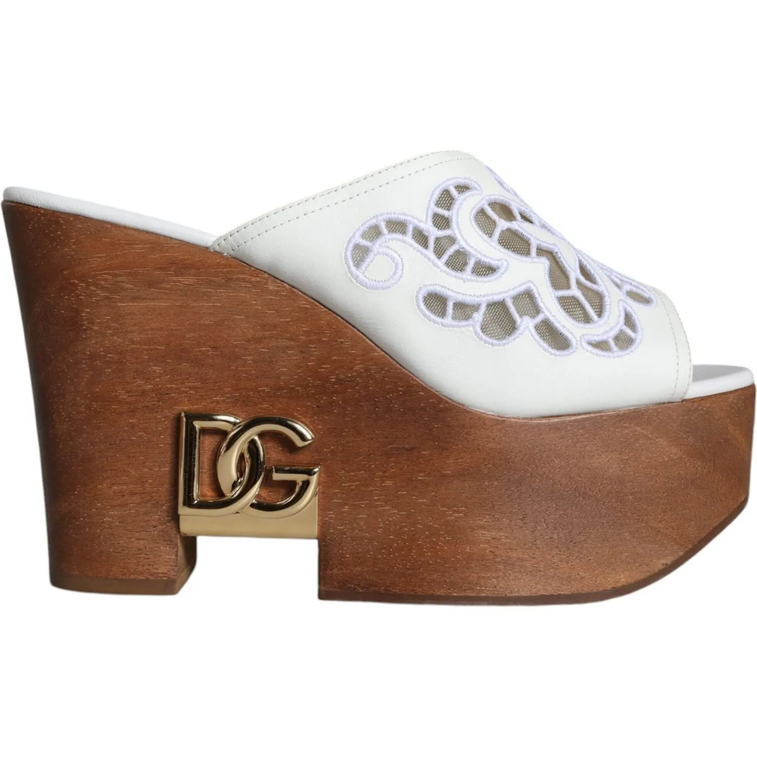 Dolce & Gabbana White Leather Wood Mules Wedge Slides Shoes