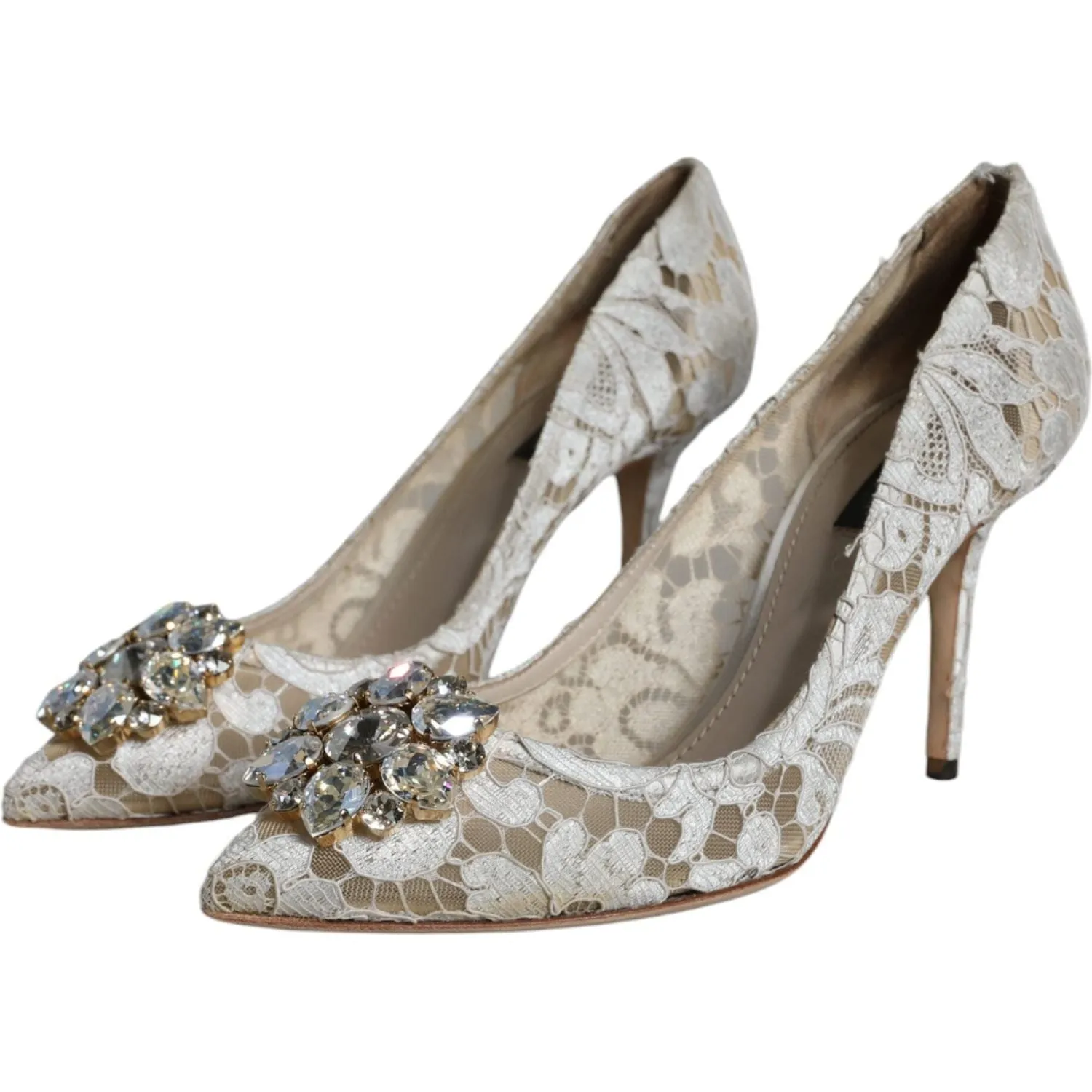 Dolce & Gabbana White Taormina Lace Crystal Heel Pumps Shoes