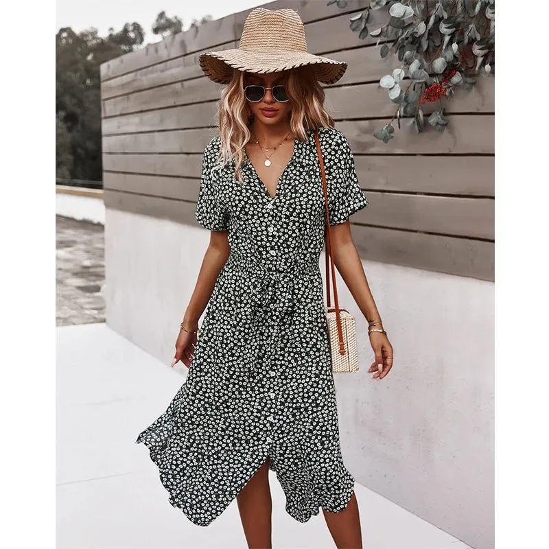 DressBetty - 2024 Casual Floral V-Neck Yellow Boho Dress for Summer