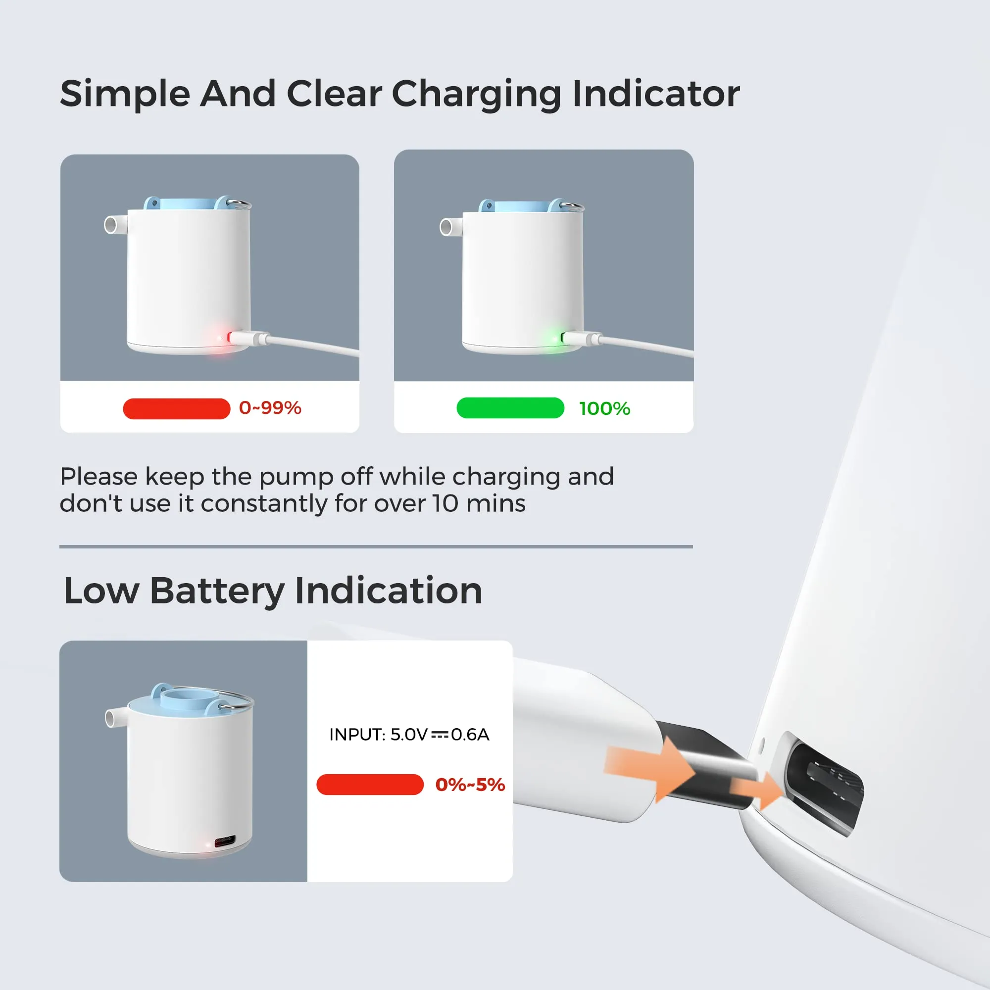 FLEXTAILGEAR Tiny Portable Ultra-Mini Air Pump with 1300mAh Battery USB Rechargeable to Inflate Deflate for Pool Floats Air Bed Mattress Swimming Ring Vacuum Storage Bags (Grey)