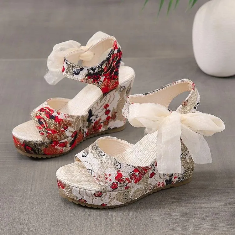 Floral Print Peep Toe Wedge Sandals