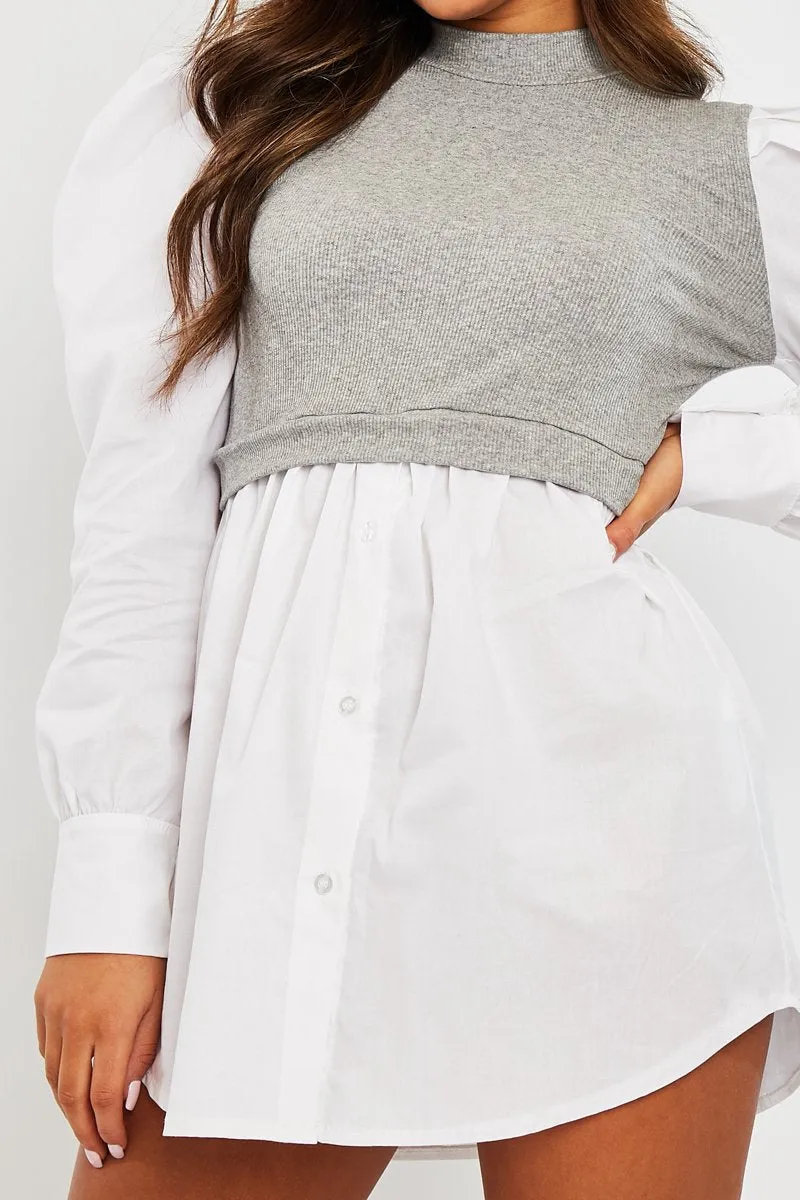 Grey Overlay Detail Puff Sleeve White Shirt Dress - Olah