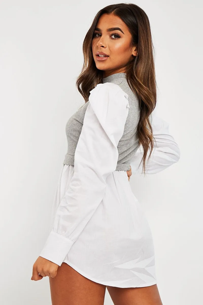 Grey Overlay Detail Puff Sleeve White Shirt Dress - Olah