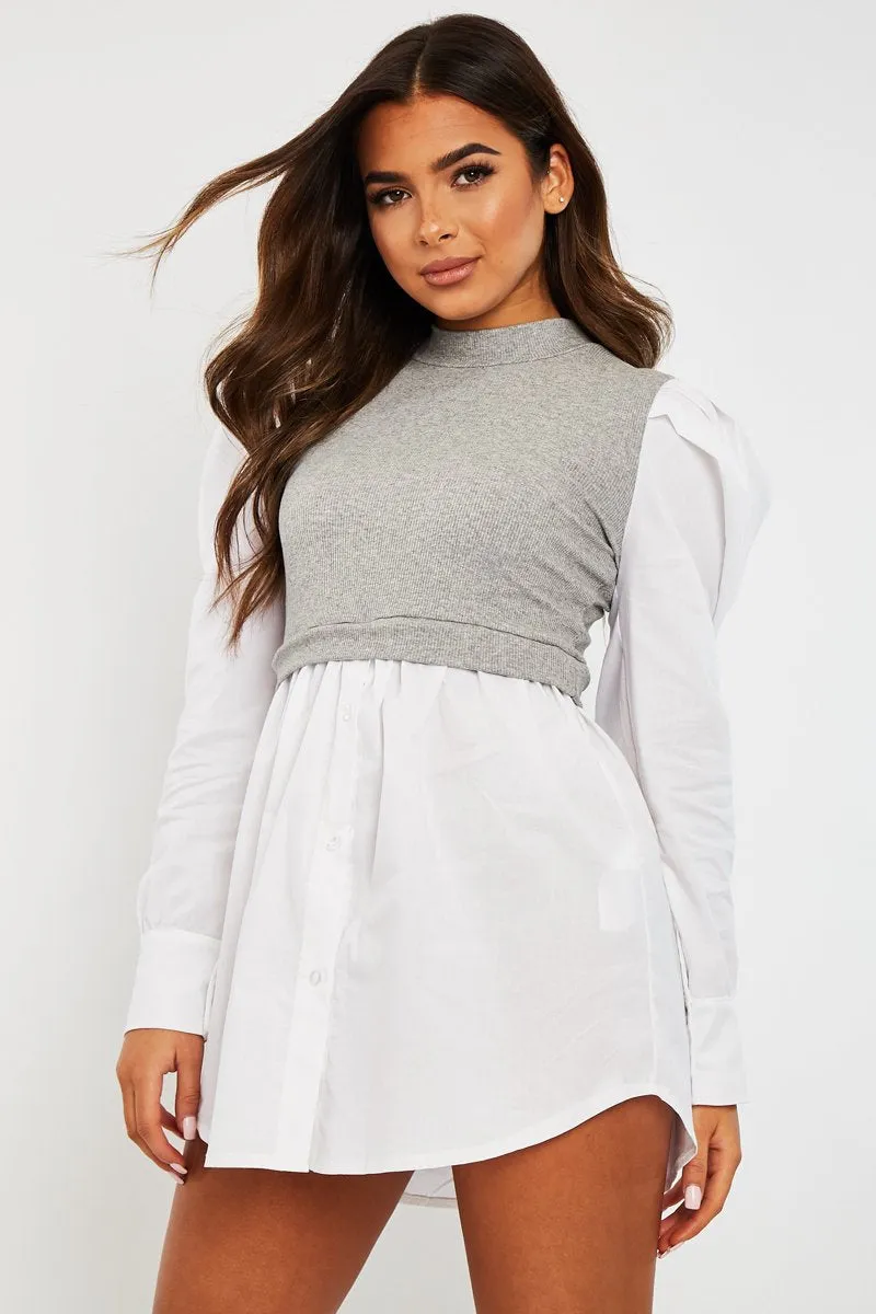 Grey Overlay Detail Puff Sleeve White Shirt Dress - Olah