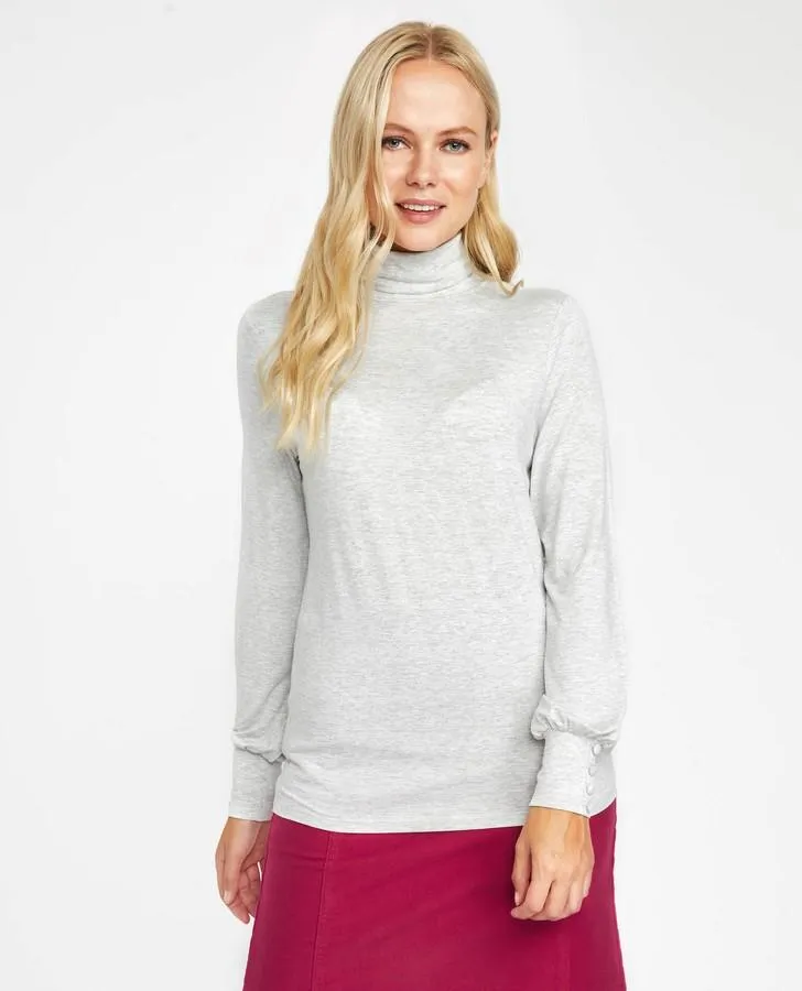 Grey Roll Neck Rib Top with Button Detail