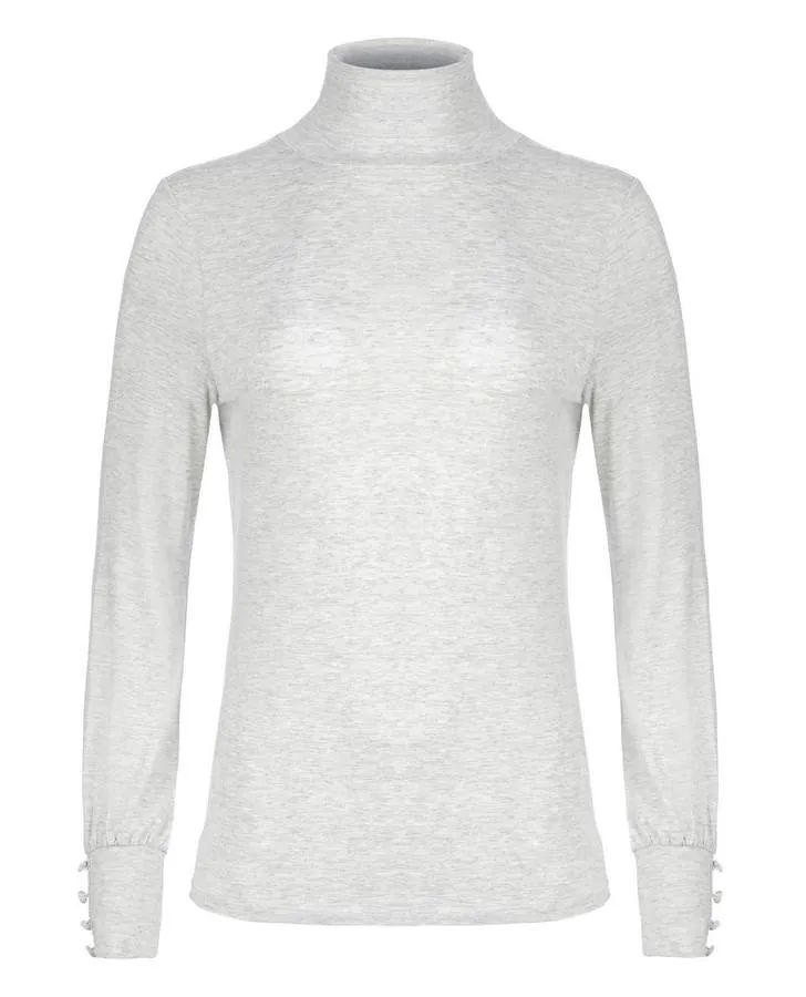 Grey Roll Neck Rib Top with Button Detail