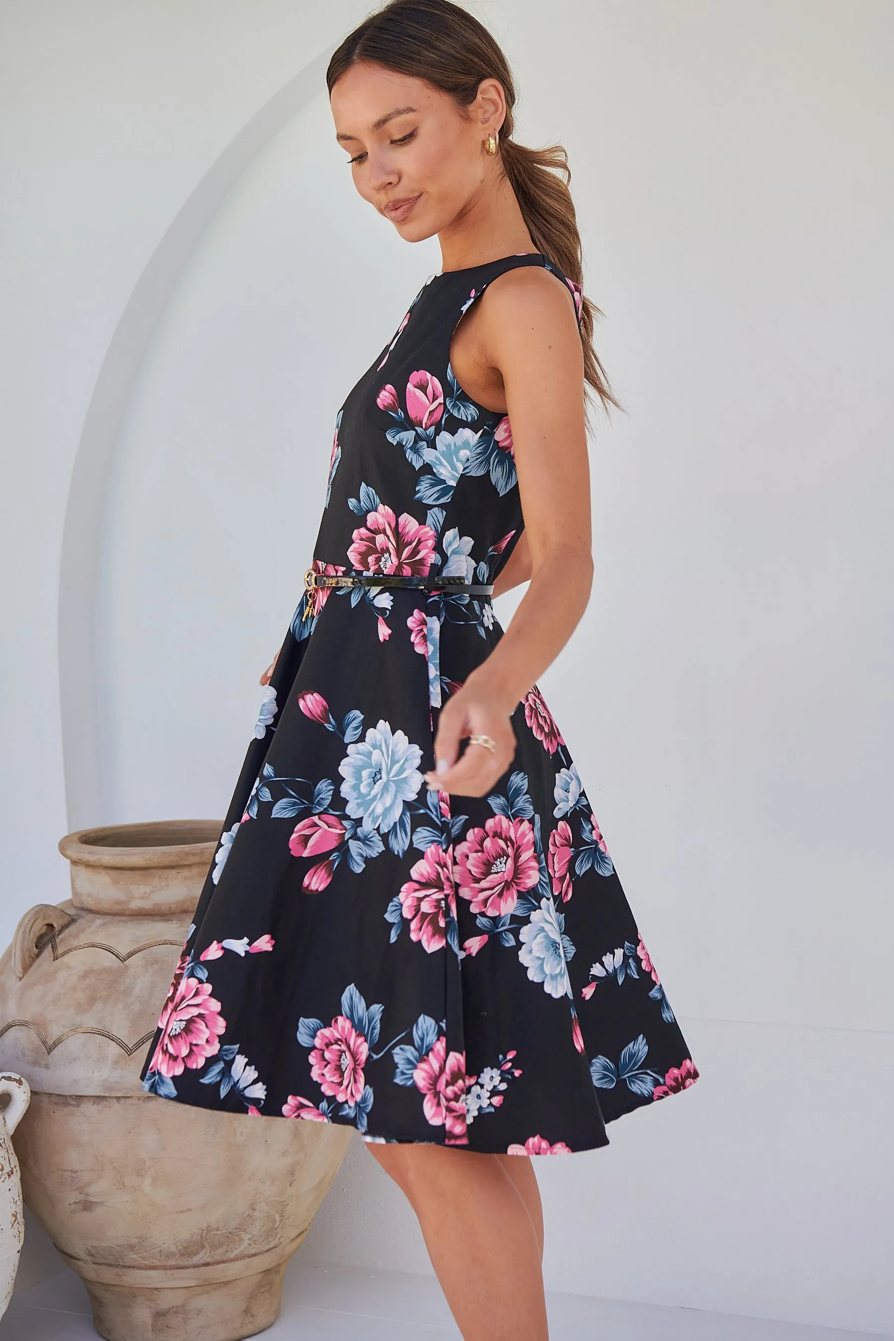 Ibigale Black/Grey/Pink Floral Belted Aline Classic Dress