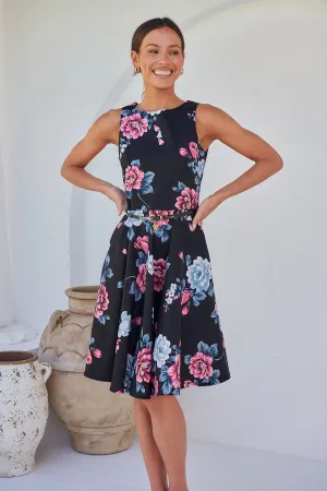 Ibigale Black/Grey/Pink Floral Belted Aline Classic Dress