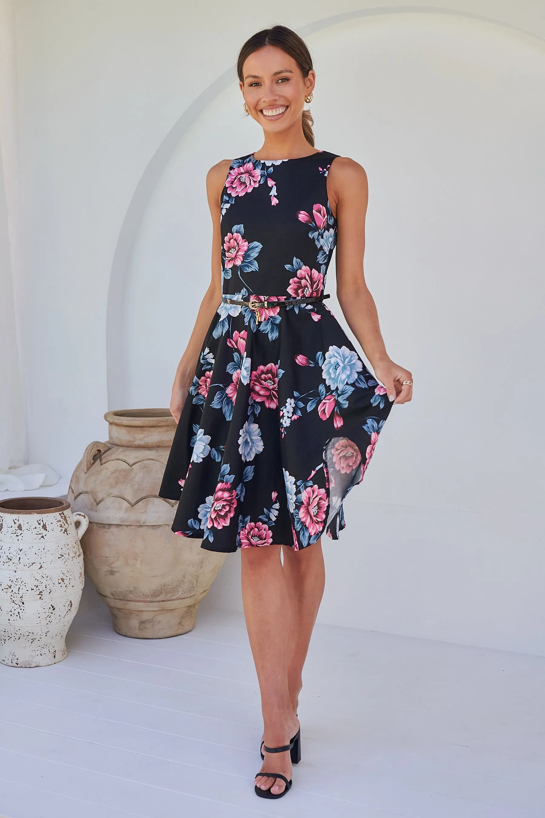 Ibigale Black/Grey/Pink Floral Belted Aline Classic Dress