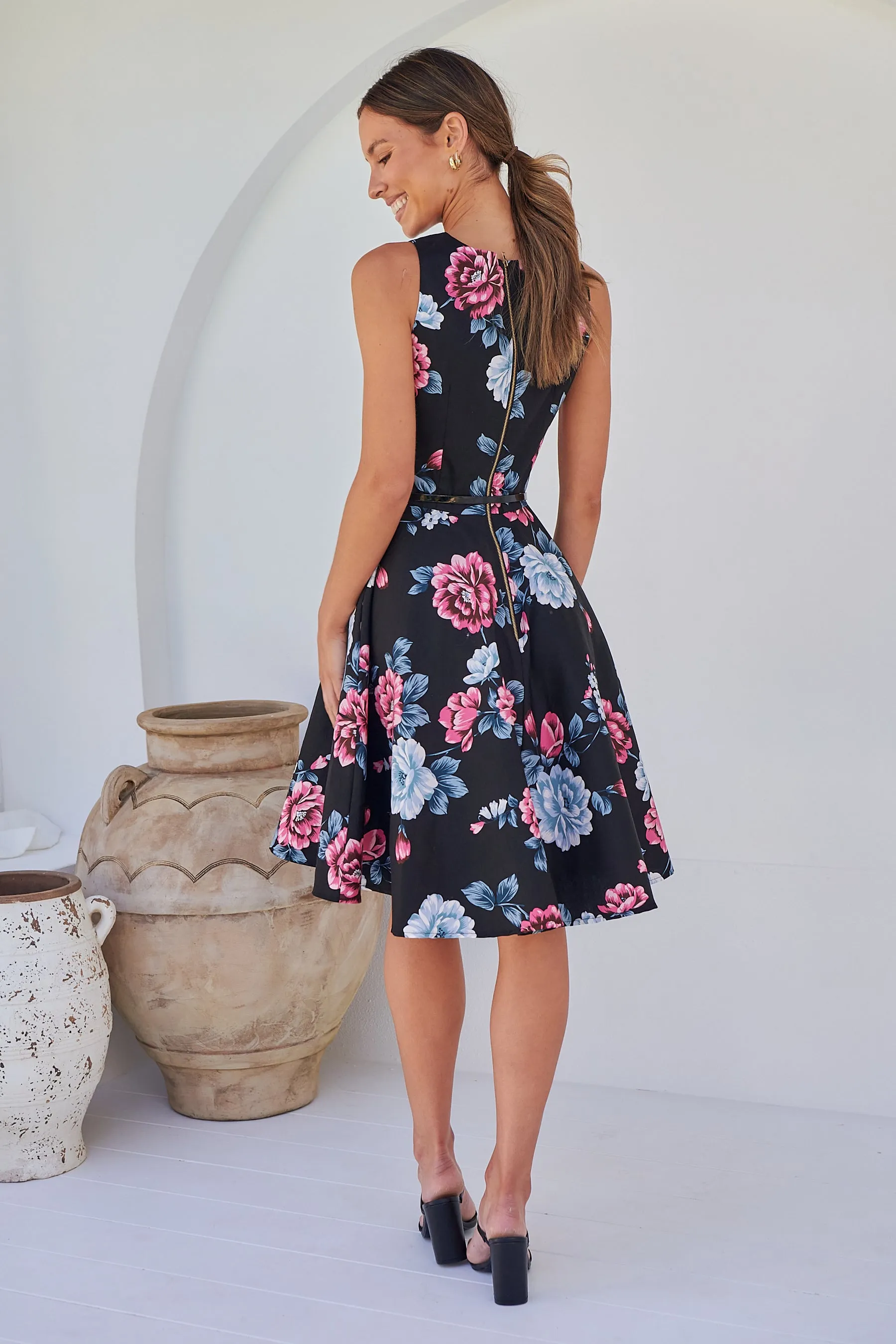 Ibigale Black/Grey/Pink Floral Belted Aline Classic Dress