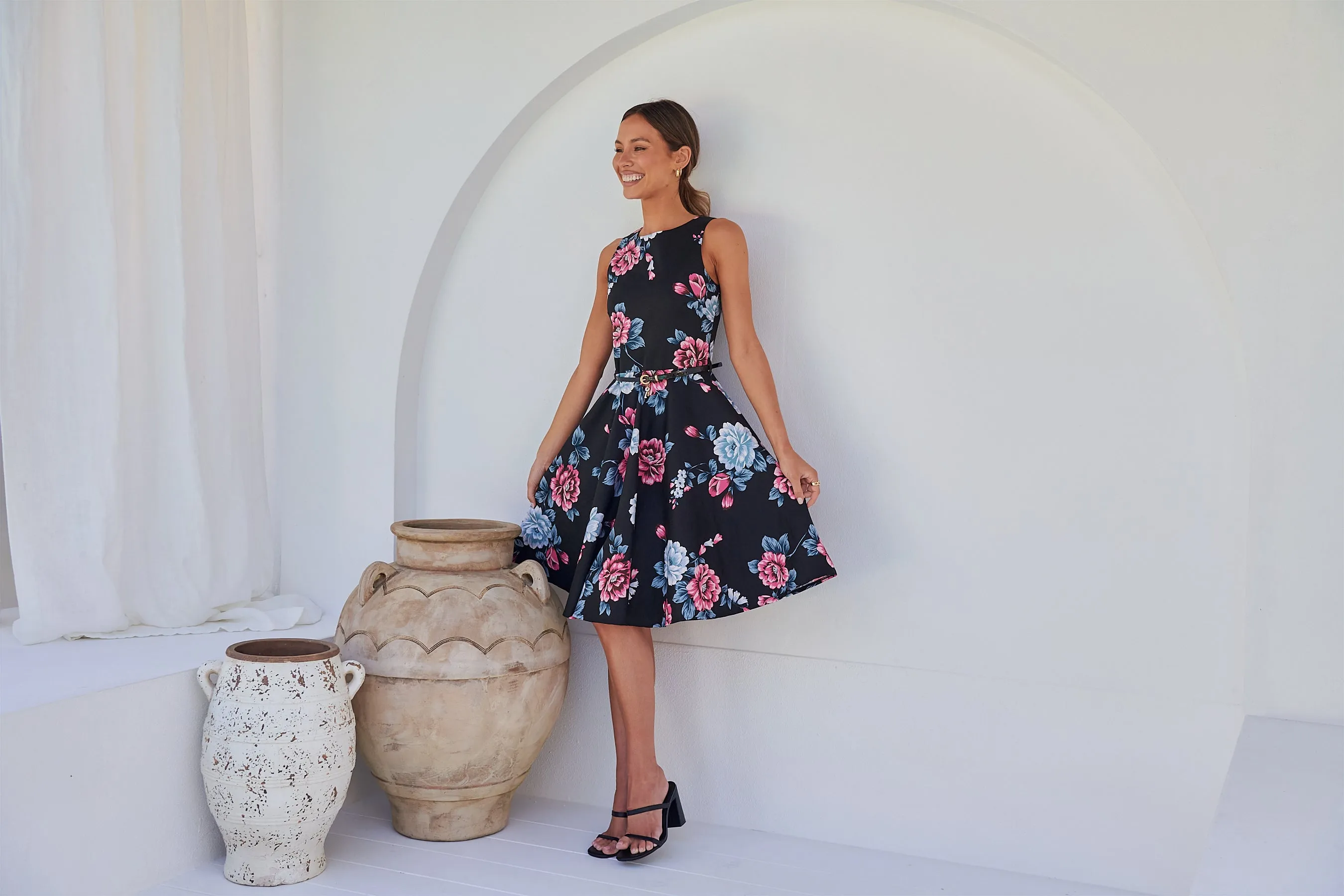 Ibigale Black/Grey/Pink Floral Belted Aline Classic Dress