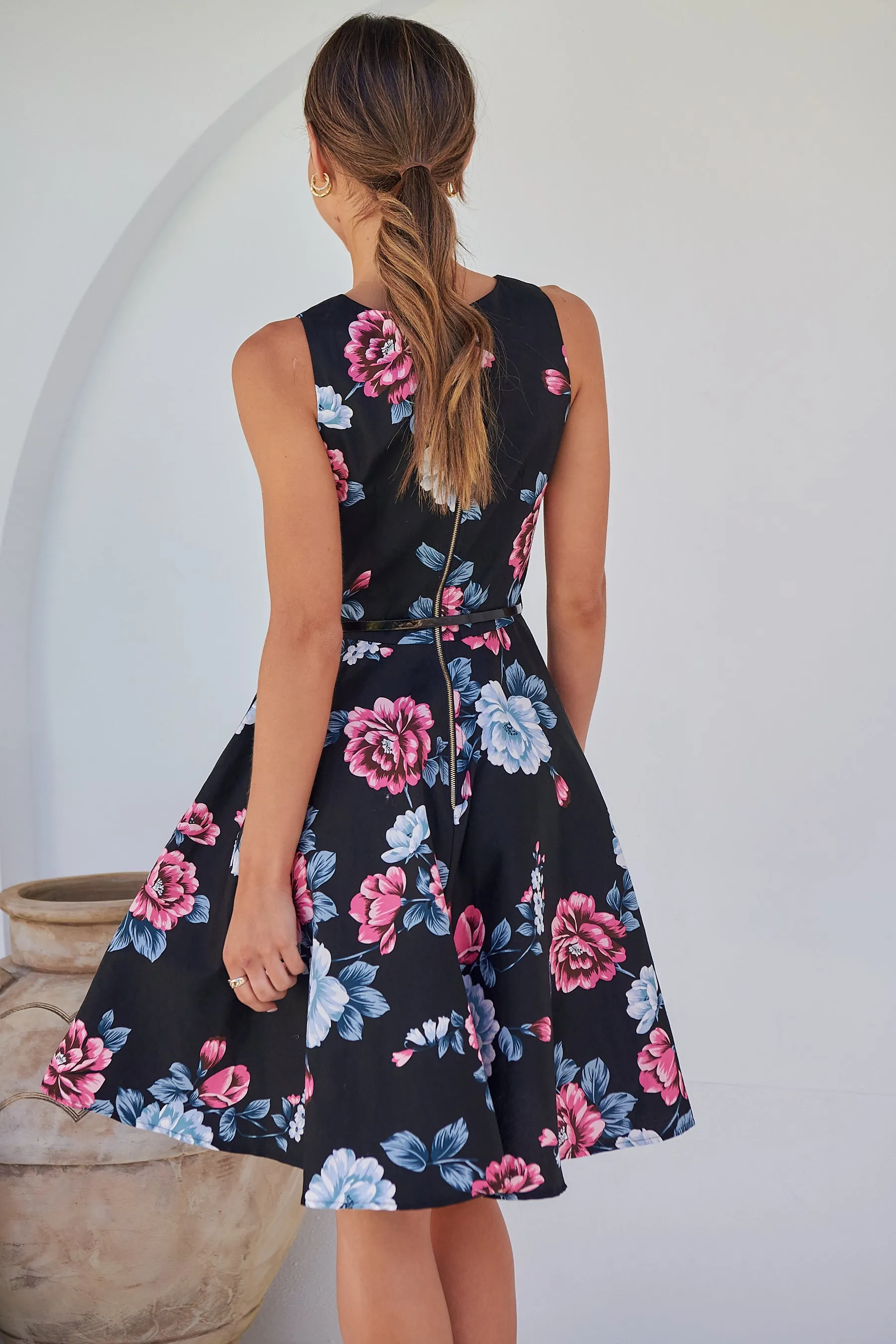 Ibigale Black/Grey/Pink Floral Belted Aline Classic Dress