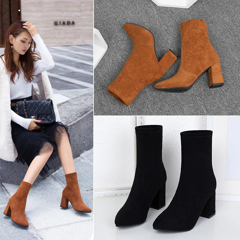 Internet Celebrity Fashion Boots Women's Chunky Heel Fashion Pointed Toe High-Heeled Outdoor Autumn and Winter New Warm Mid-Calf Suede Female Boots