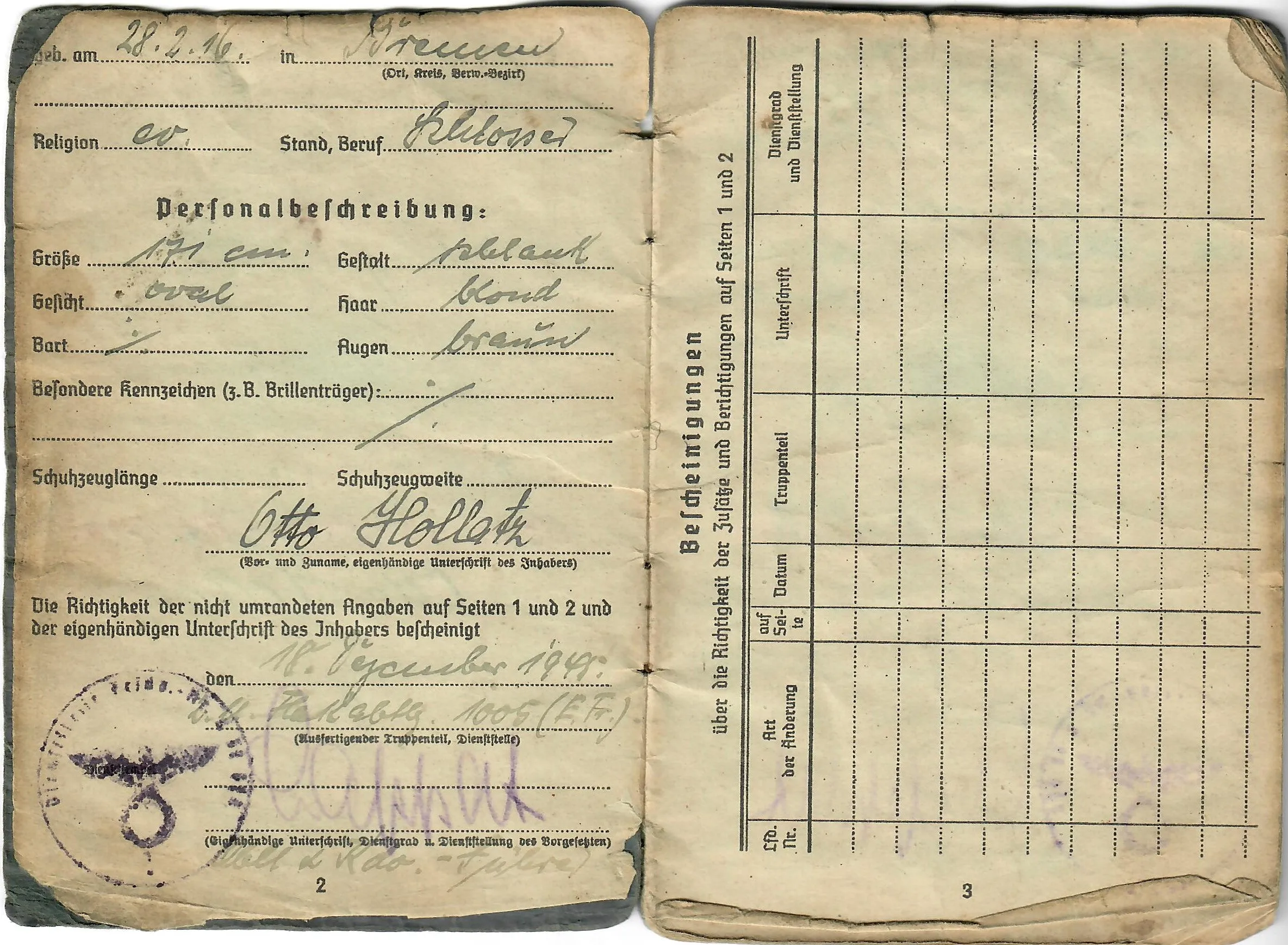 Original WWII German Luftwaffe Soldbuch Identity & Payment Book named to P.O.W. Otto Hollatz with Translation