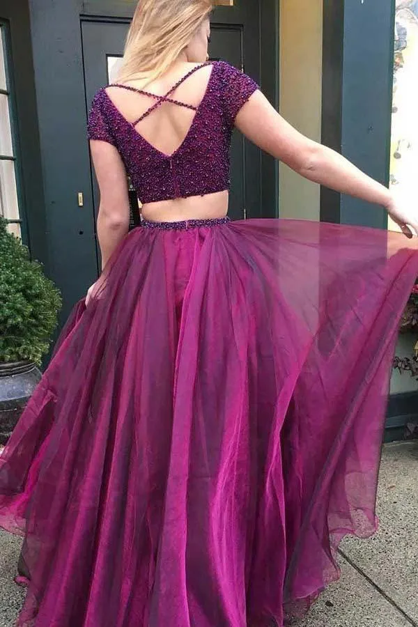 Two Piece V-Neck Short Sleeves Purple Tulle Prom Dress with Beading PG842