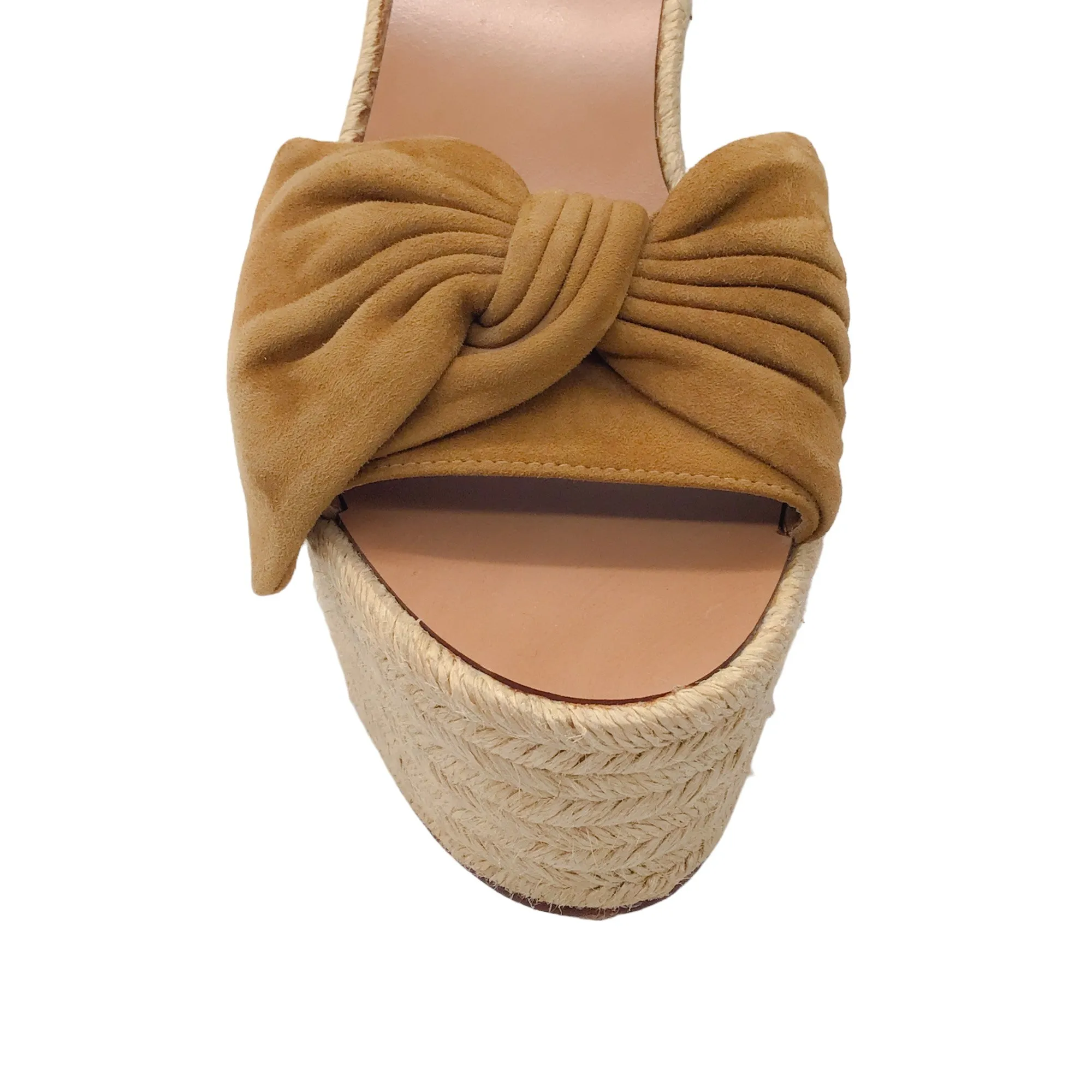 Valentino Ochre Brown Suede Calfskin Tropical Bow Espadrille Platform Wedge Sandals