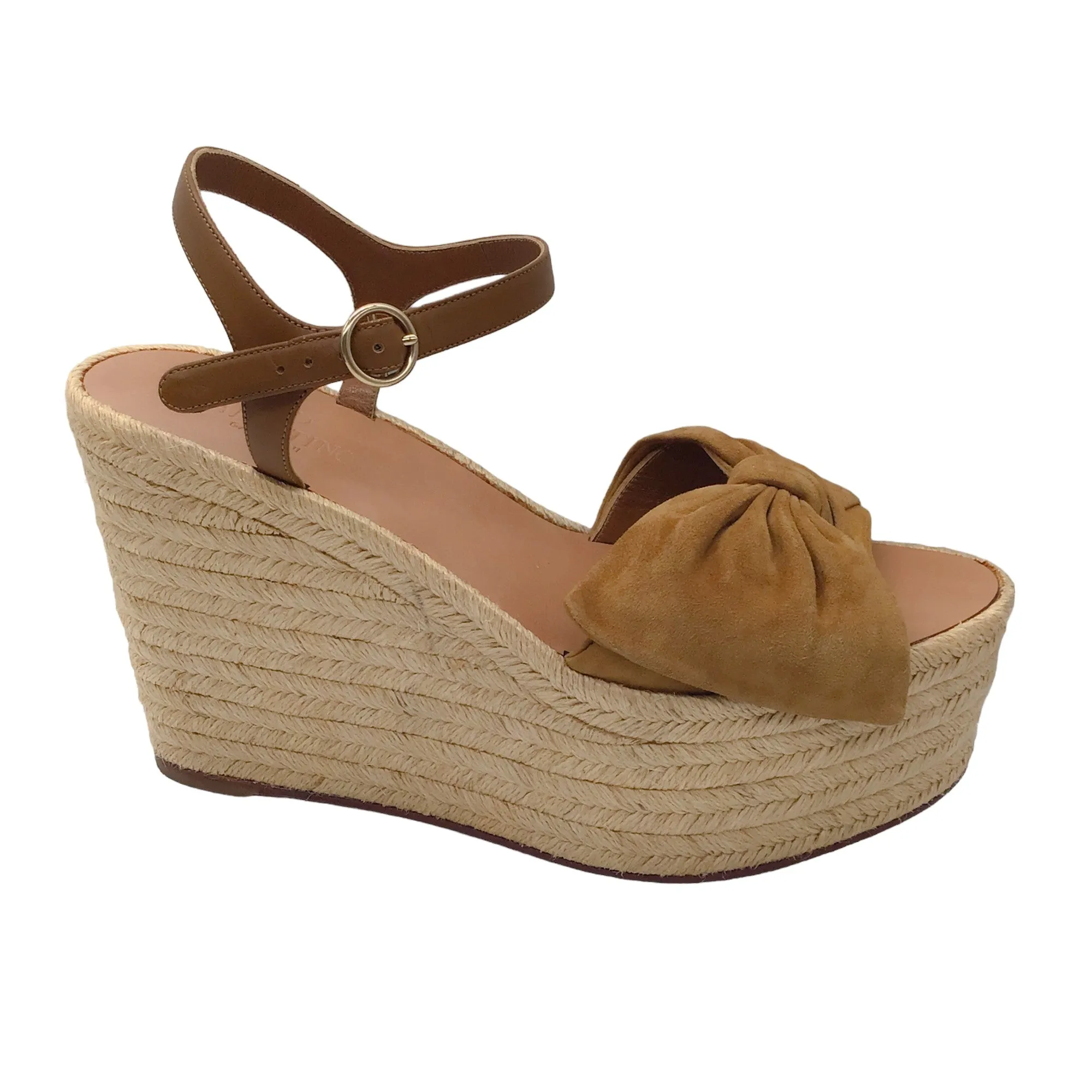 Valentino Ochre Brown Suede Calfskin Tropical Bow Espadrille Platform Wedge Sandals